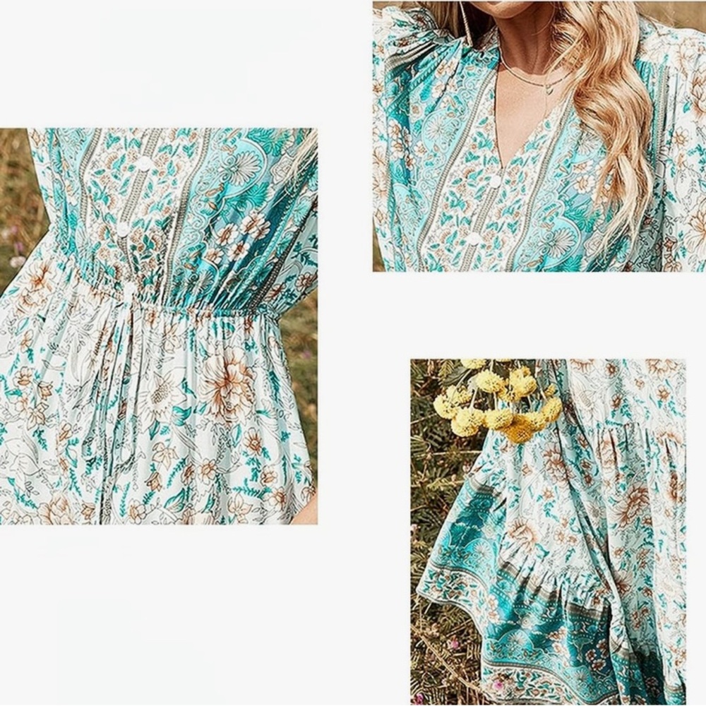 Aqua Floral Print Cottagecore Size 6 - Picture 6 of 9